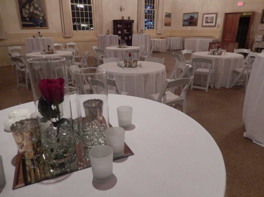 Elegant banquet hall with round tables