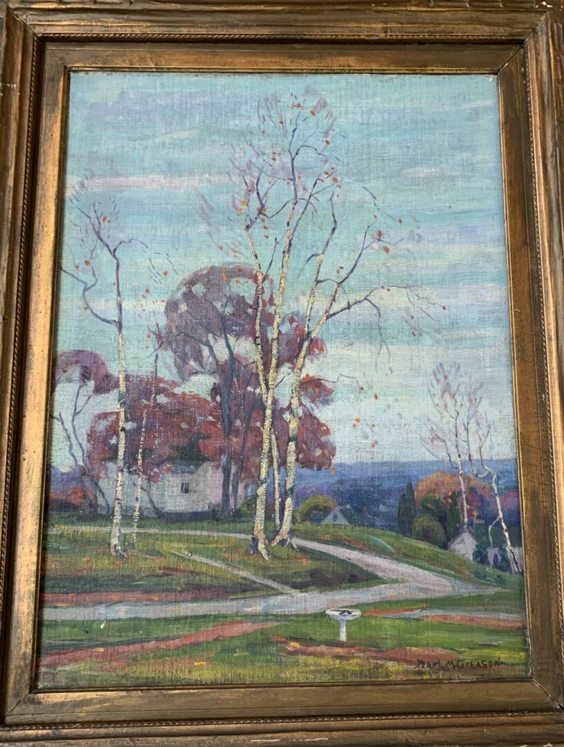 Landscape painting of birch trees and cottage