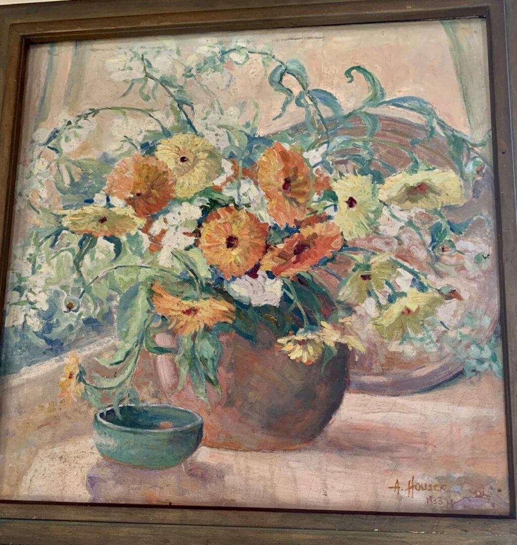 Still life painting of orange and yellow flowers