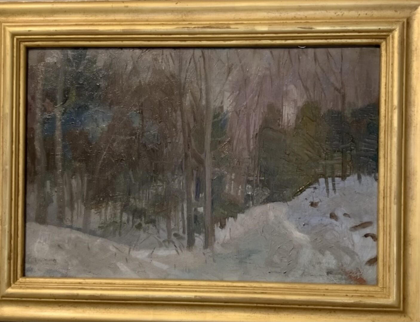 Framed painting of snowy winter forest