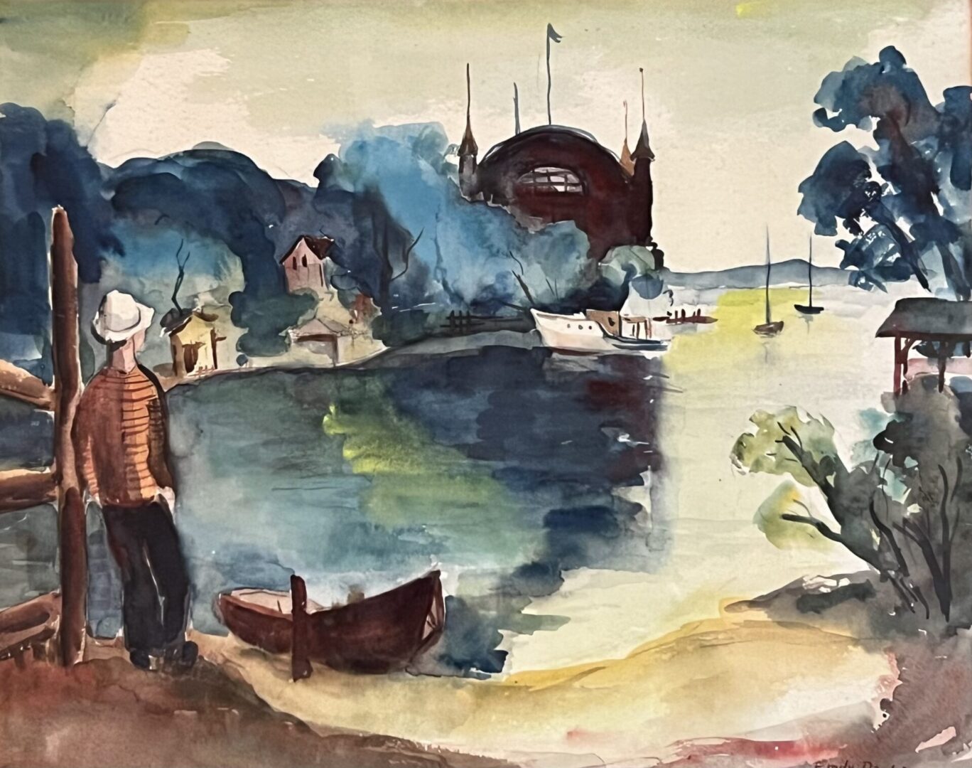 Watercolor of man overlooking waterfront with boats